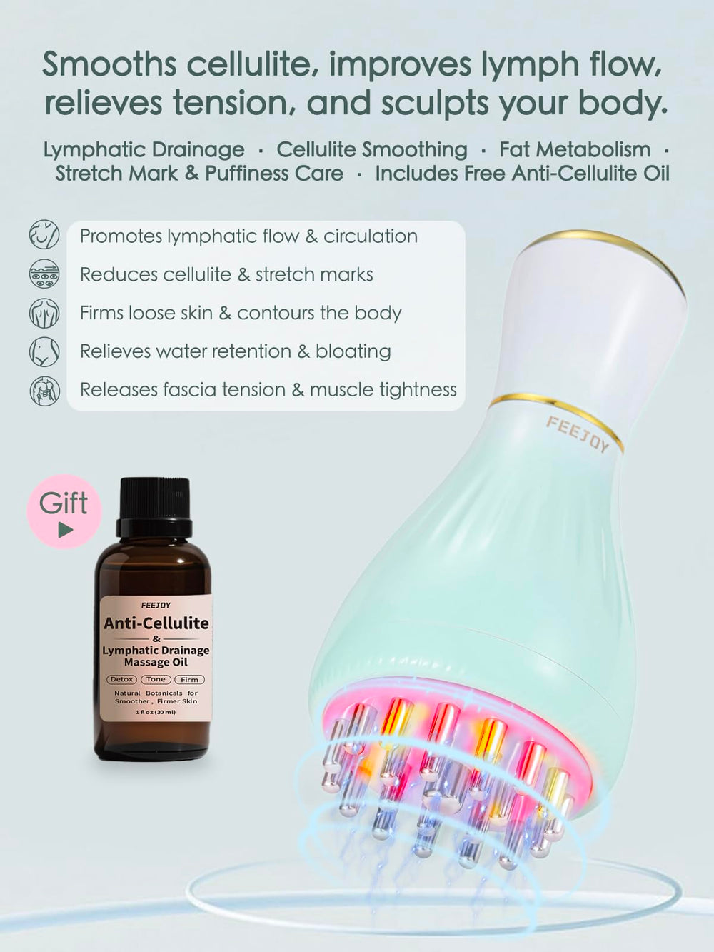 FEEJOY cellulite oil bottle paired for smoother skin and absorption