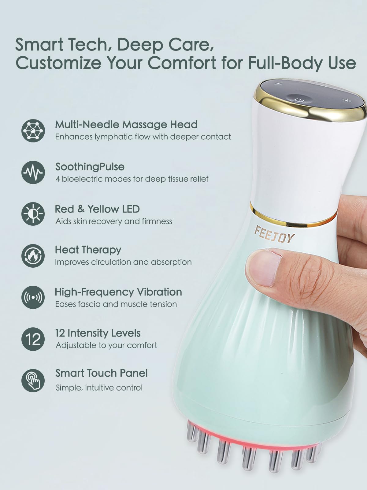 FEEJOY fascia blaster used on legs for contouring and drainage support