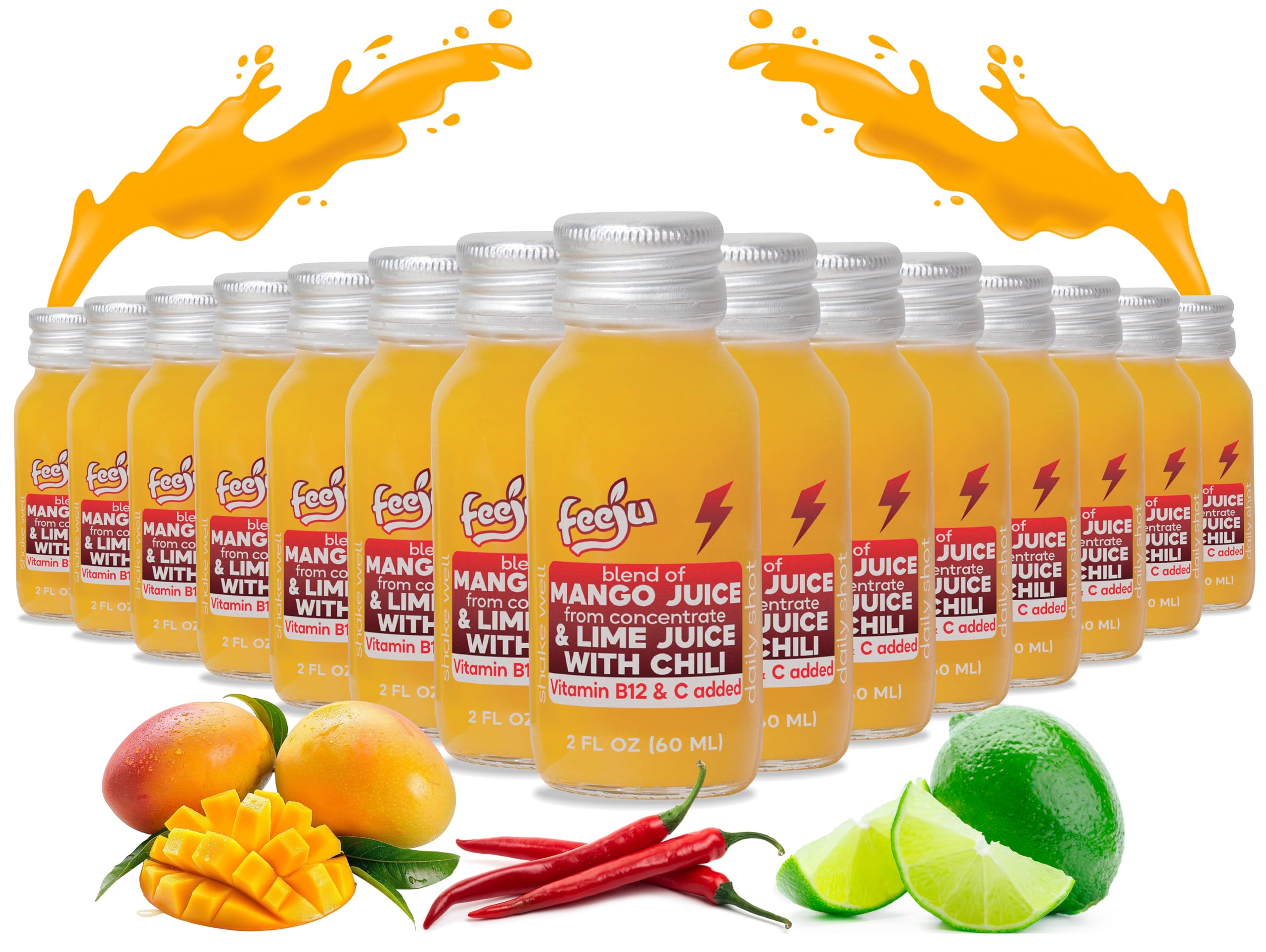 Feeju Mango Nectar Blend bottle front highlights a portable 2 oz shot for daily energy
