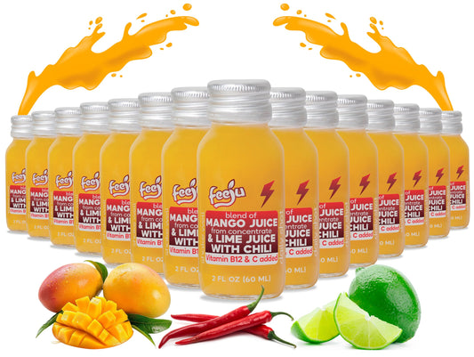 Feeju Mango Nectar Blend bottle front highlights a portable 2 oz shot for daily energy