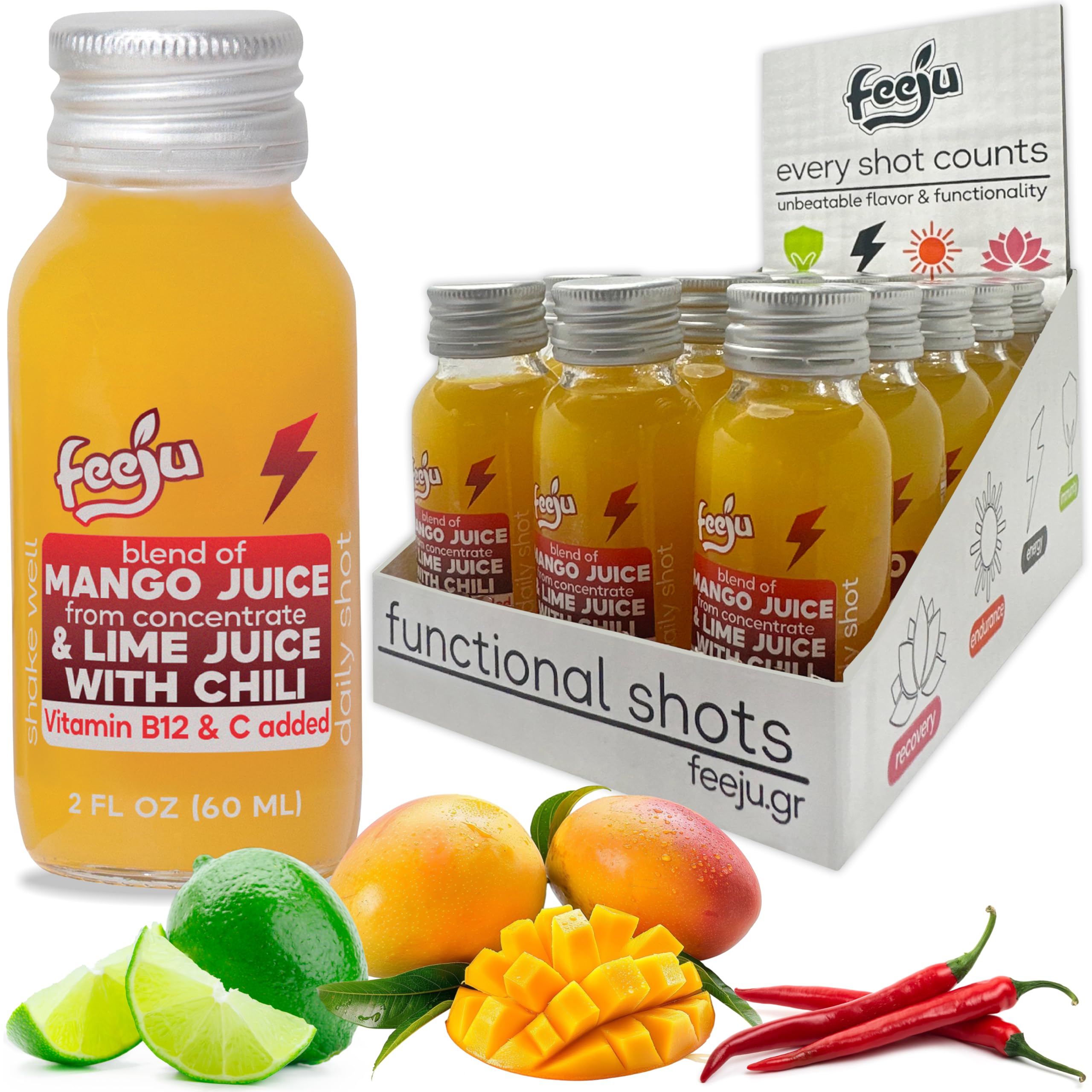 Feeju Mango Nectar Blend bottle label closeup with vitamin fortification