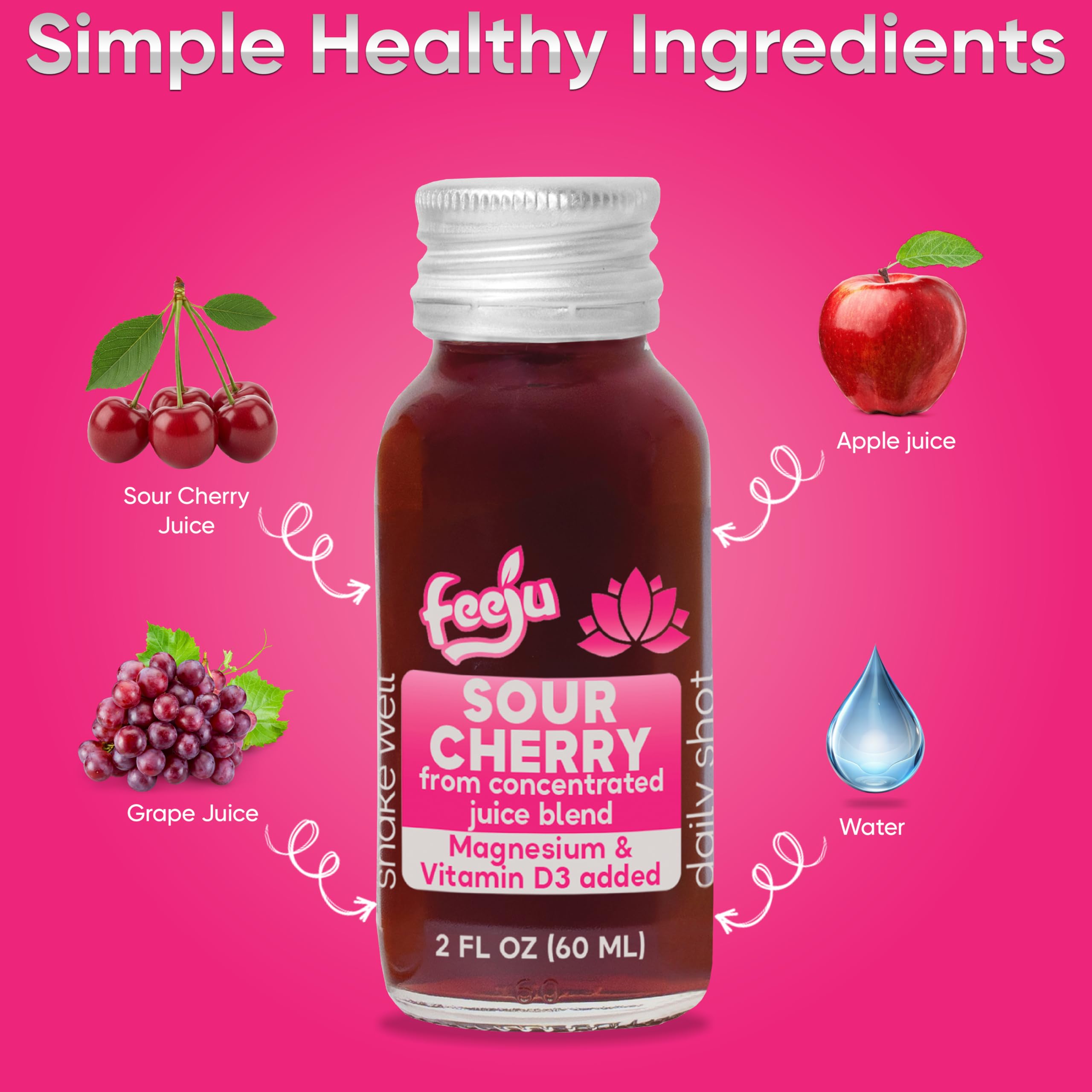 Feeju shot label close-up detailing magnesium and vitamin D3 benefits.
