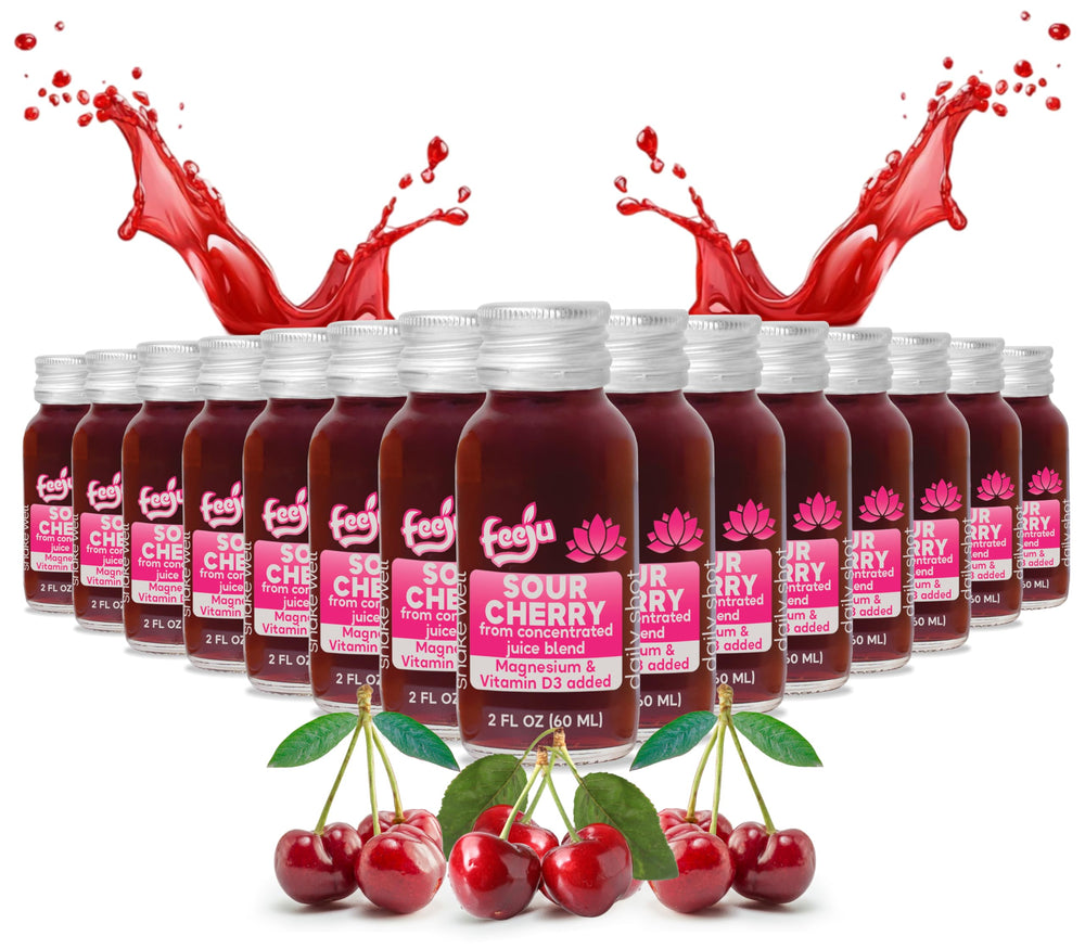 Feeju sour cherry shot bottle highlighting tart flavor for daily wellness.