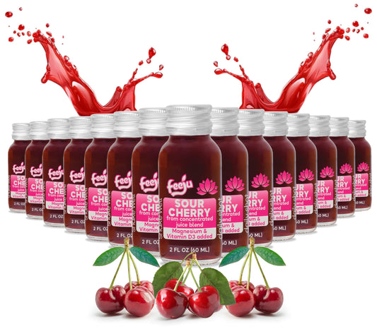 Feeju sour cherry shot bottle highlighting tart flavor for daily wellness.
