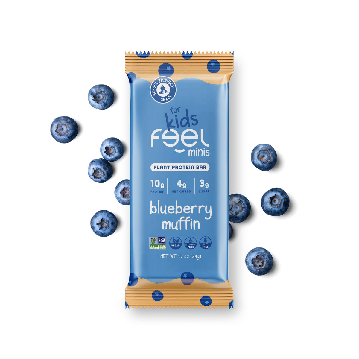 FEEL Feel Bar Minis Blueberry Muffin pack, kid-friendly snack for school lunch.