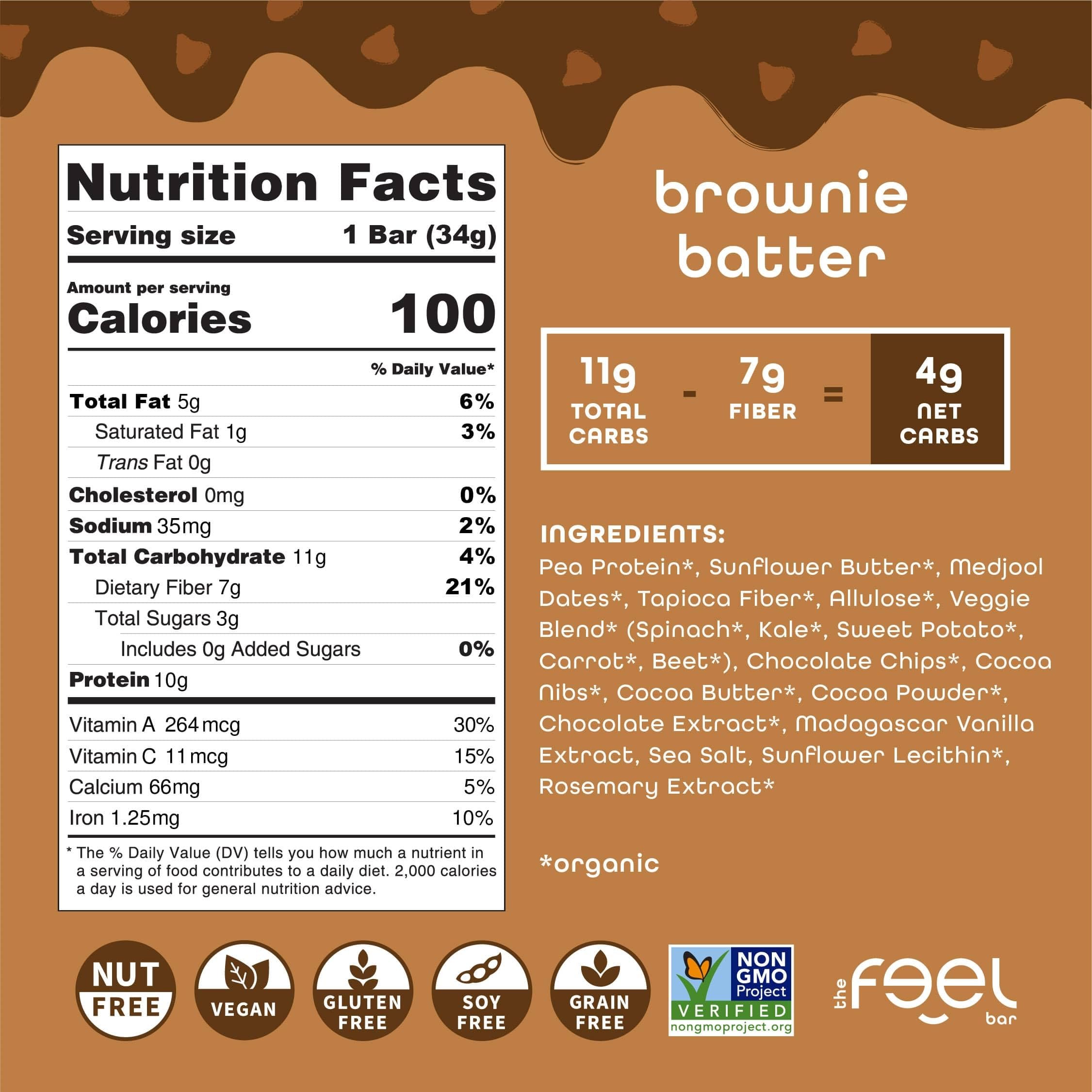 Close-up of FEEL Bar Minis brownie batter bar with chewy texture