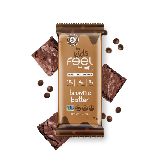 FEEL Bar Minis brownie batter pack shown as a kid-friendly lunchbox snack