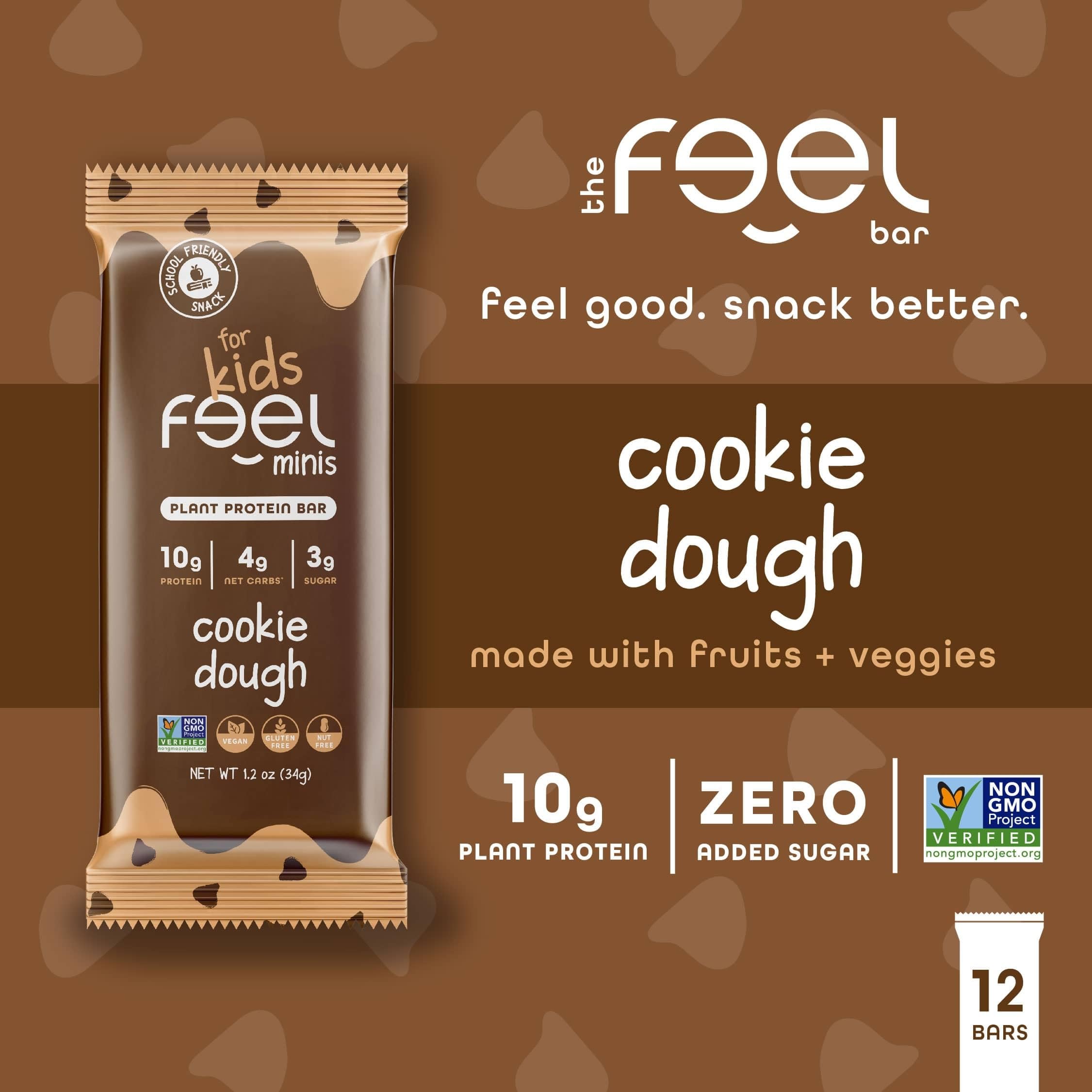 FEEL Feel Bar Minis Cookie Dough bar close-up emphasizing 10g plant protein