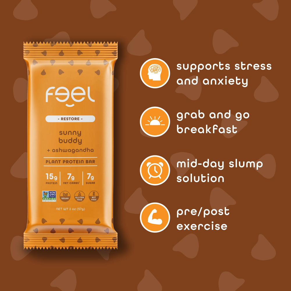 FEEL bar close-up shows chocolate chips and rich texture.
