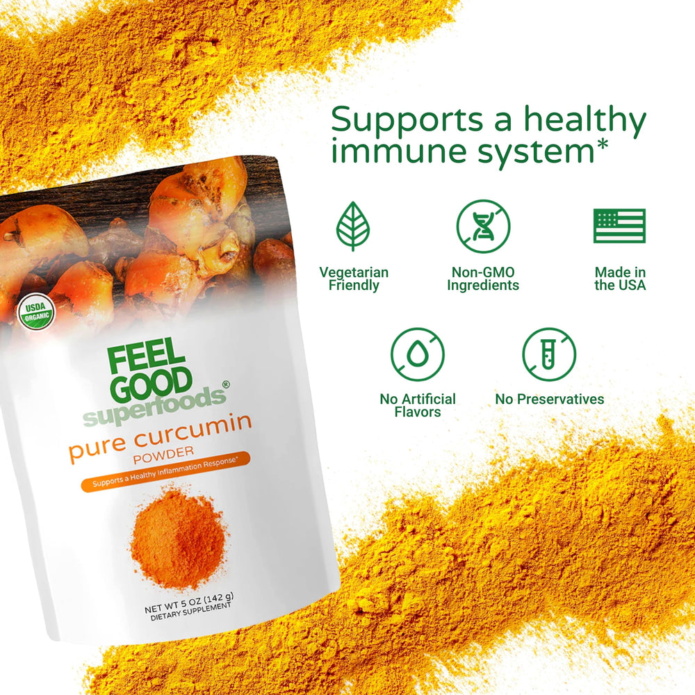 FEEL GOOD Curcumin powder on a kitchen counter ready to measure.