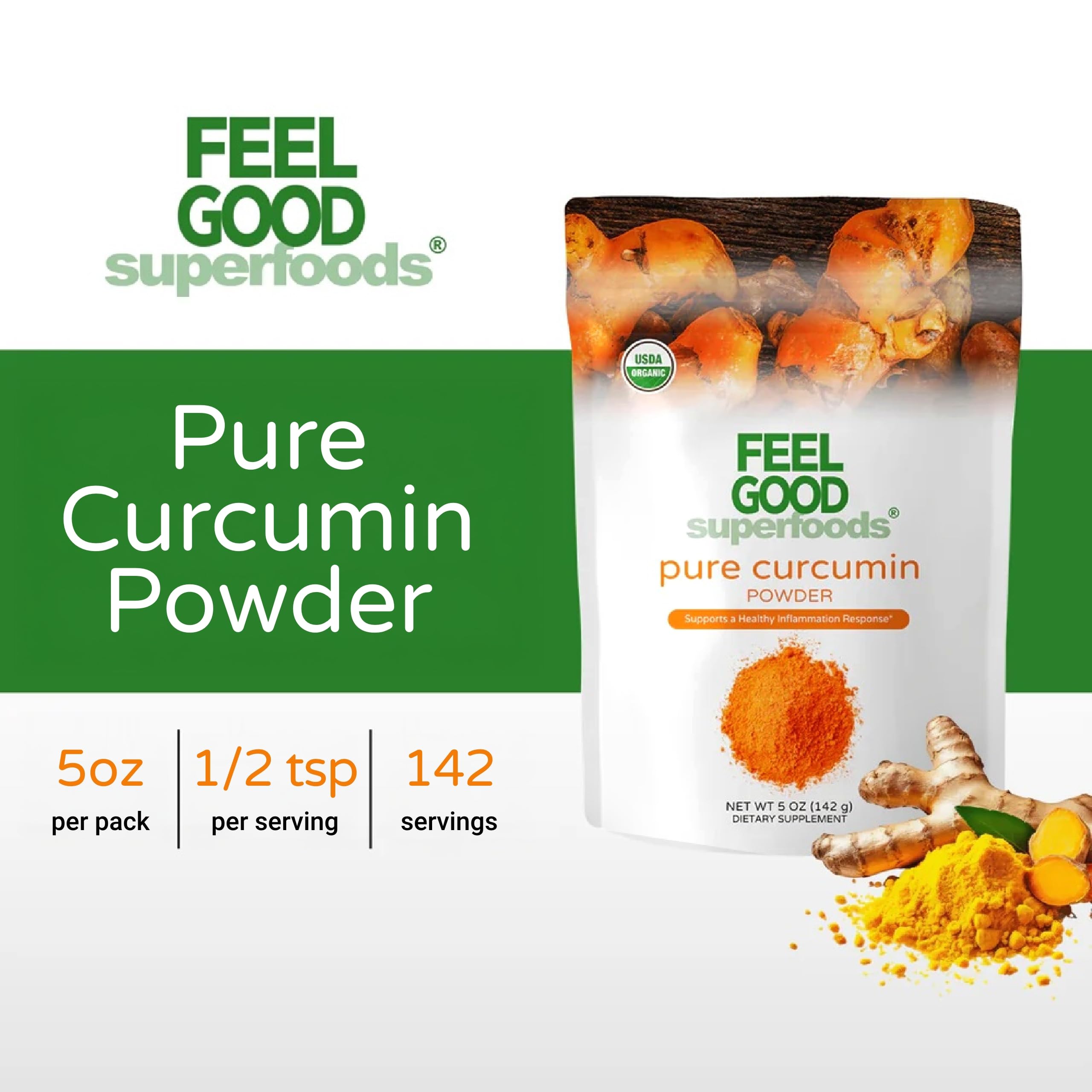 FEEL GOOD Curcumin powder with spoon ready for daily use.