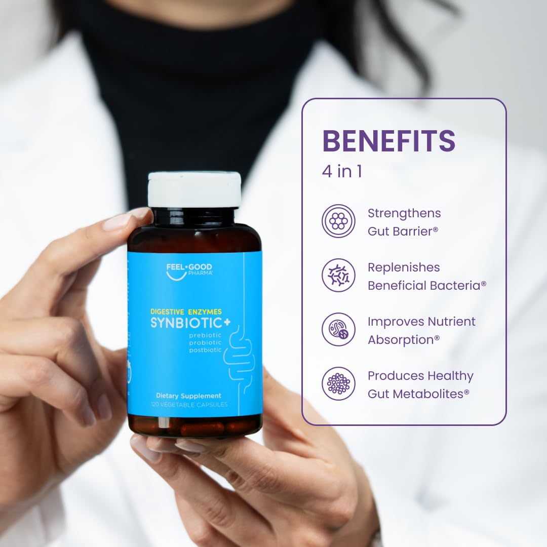 Feel Good Pharma Digestive Enzymes bottle on kitchen counter for convenient daily use