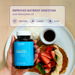 Feel Good Pharma Digestive Enzymes bottle with information card about shelf-stability