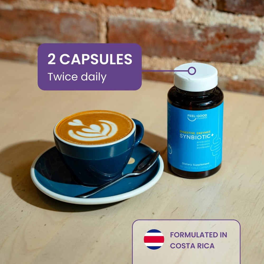 Feel Good Pharma Digestive Enzymes bottle with USA-made badge