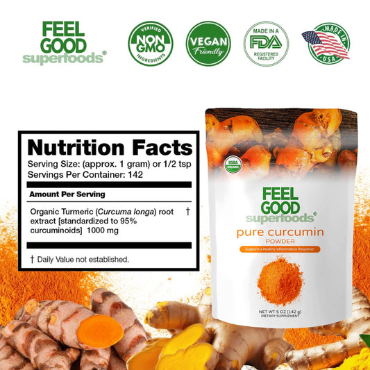 FEEL GOOD Pure Curcumin Powder back label emphasizes organic, vegan, and non-GMO quality.