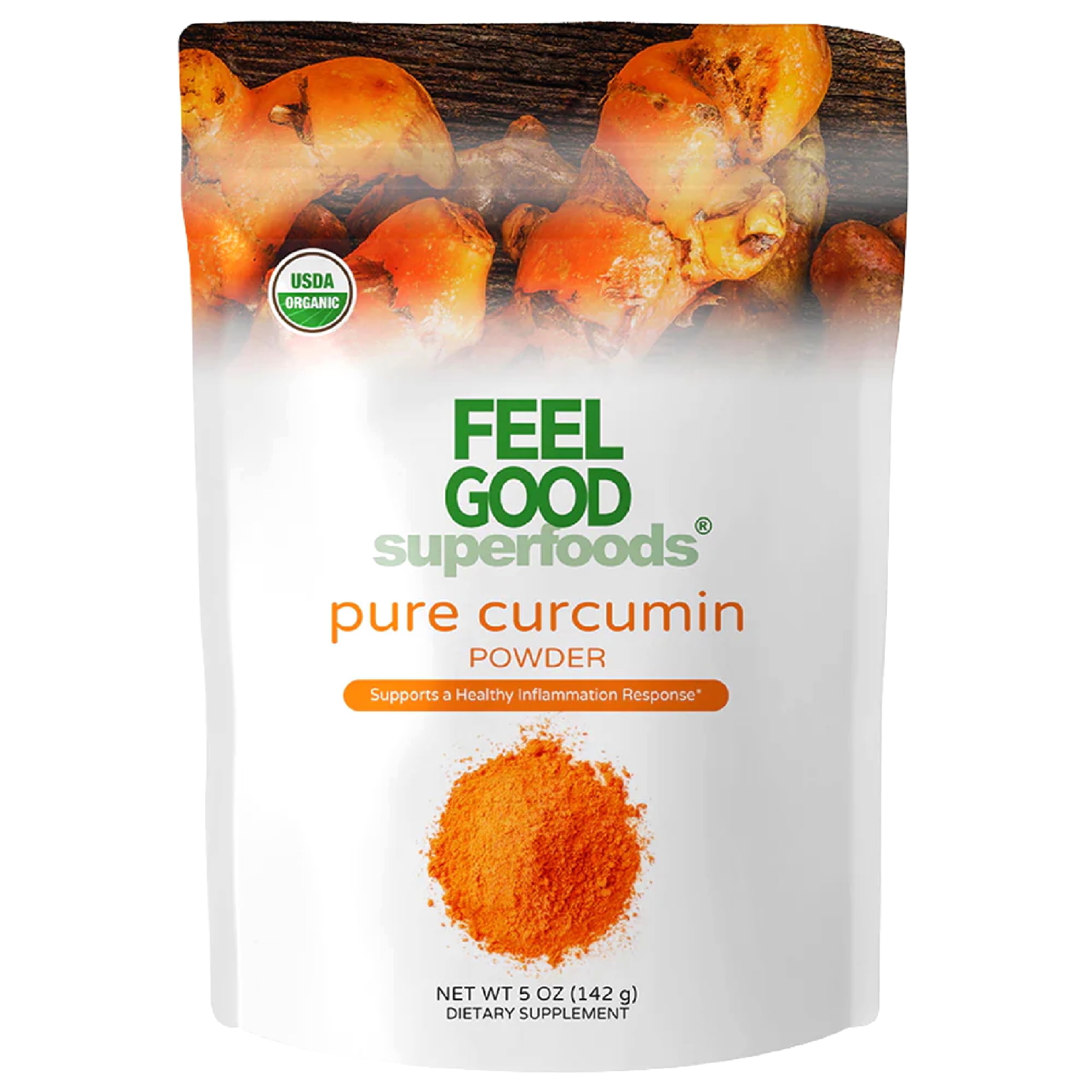 FEEL GOOD Pure Curcumin Powder bag front shows vibrant golden color for cooking.