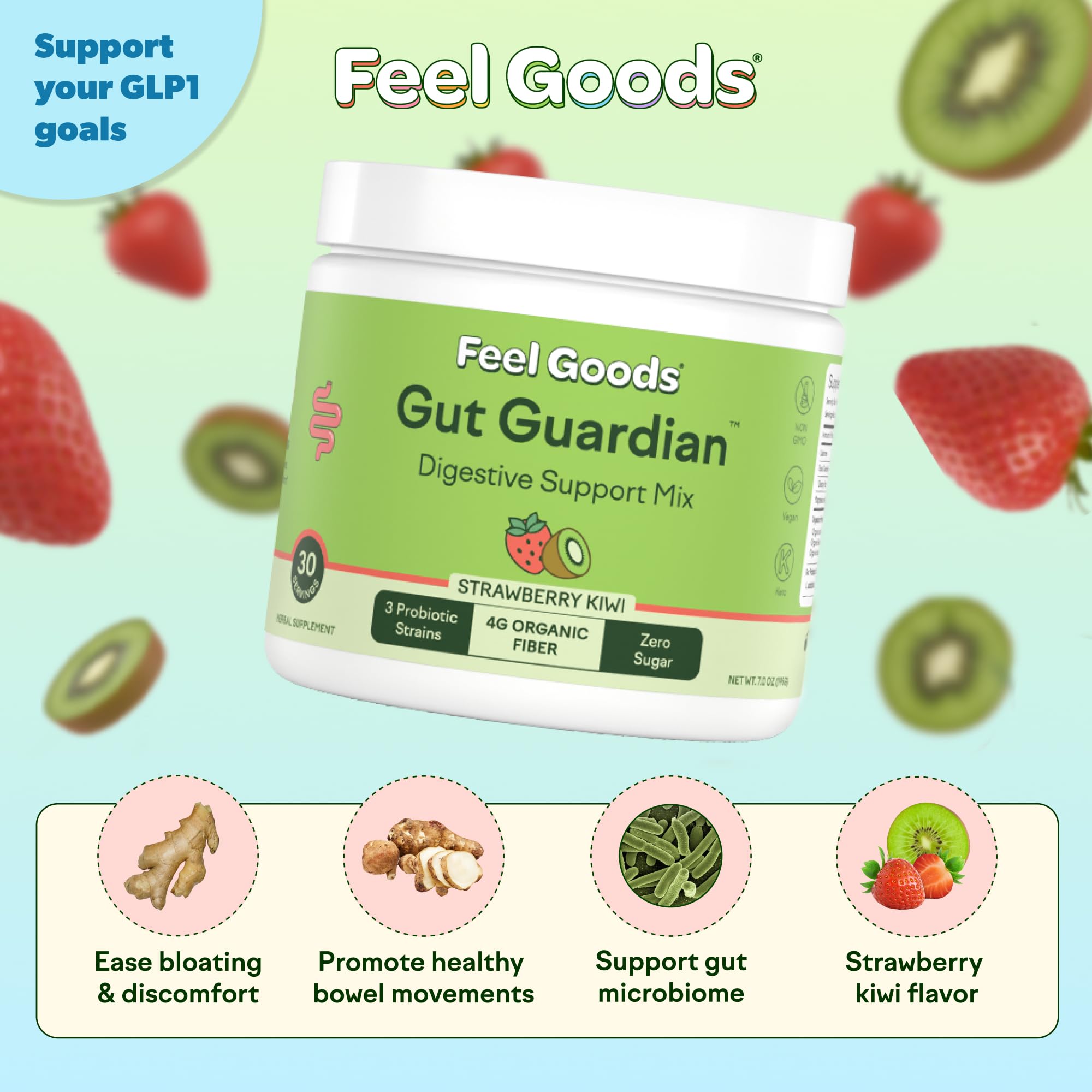 Feel Goods Gut Guardian bottle and packaging highlighting probiotic fiber formula