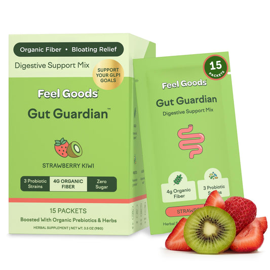 Feel Goods Gut Guardian box with strawberry kiwi sticks for on-the-go digestive support.