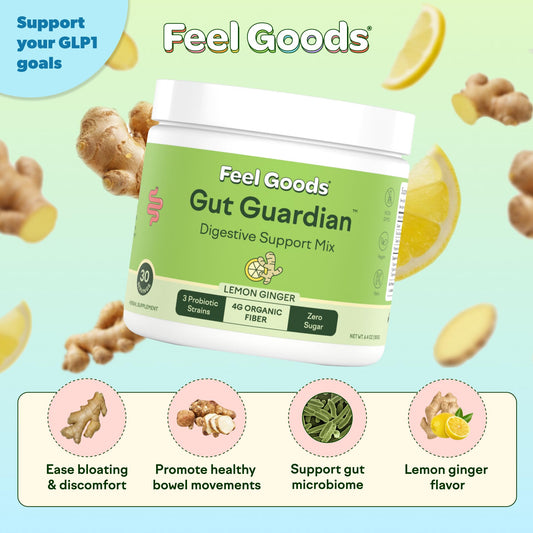 Feel Goods Gut Guardian ingredients lemon ginger highlight organic fiber and probiotics