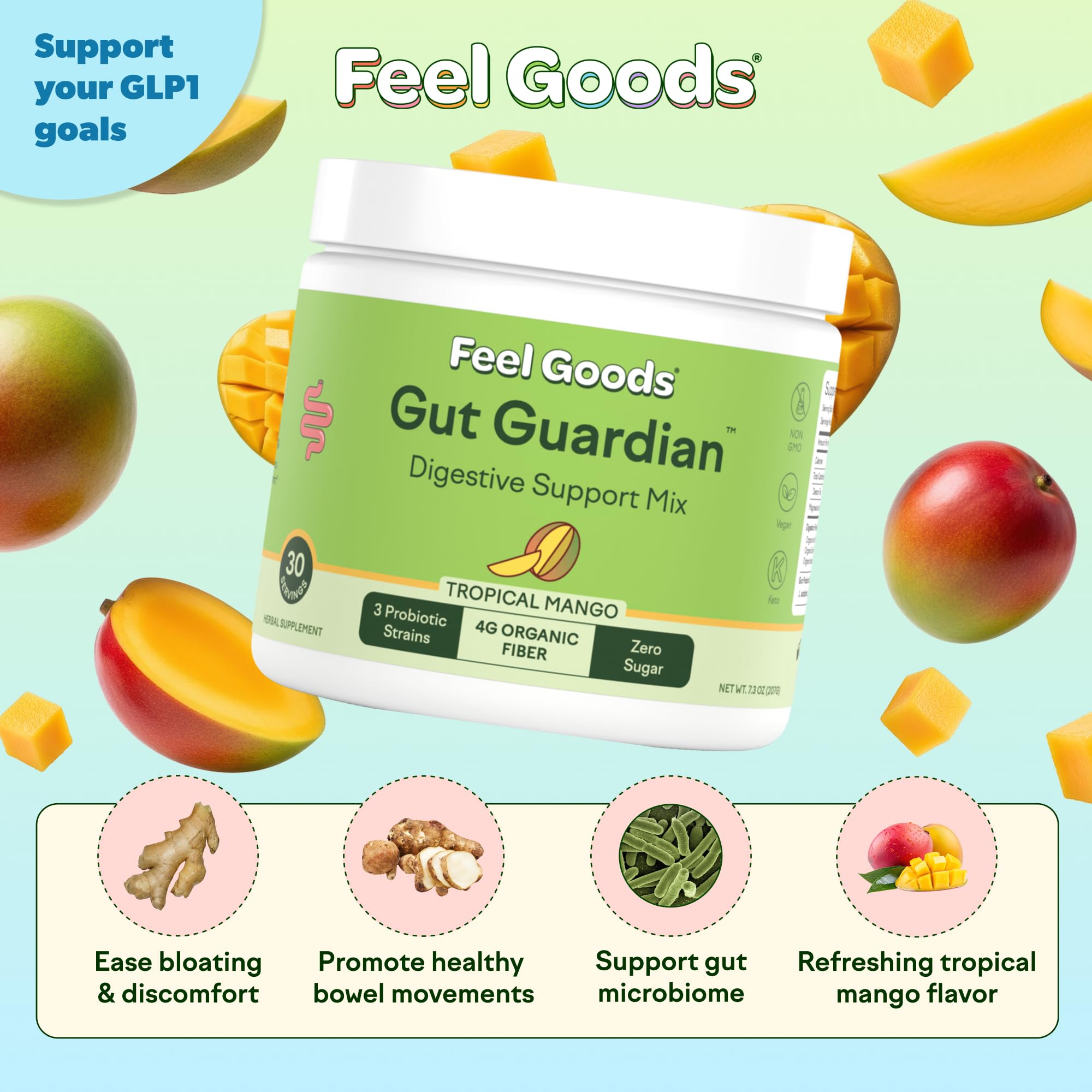 Feel Goods Gut Guardian being stirred into water for a refreshing mango drink
