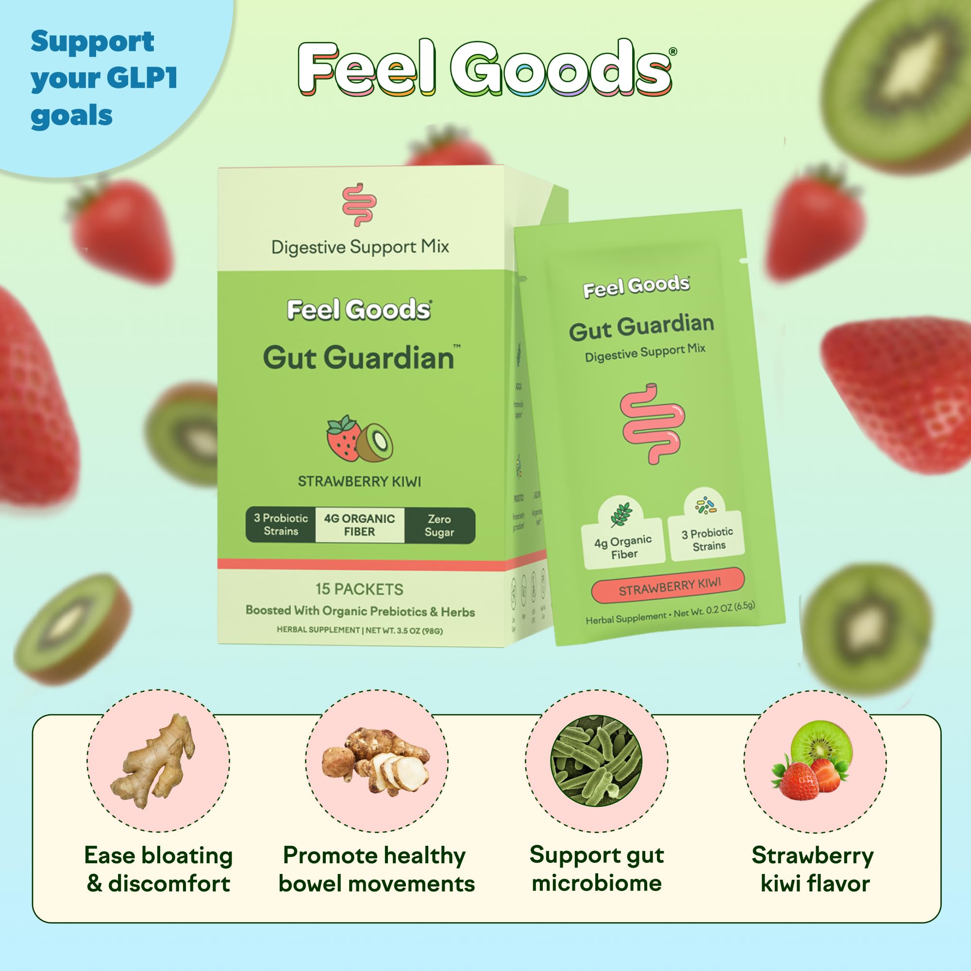 Feel Goods Gut Guardian strawberry kiwi stick pack ready to mix for quick gut comfort.