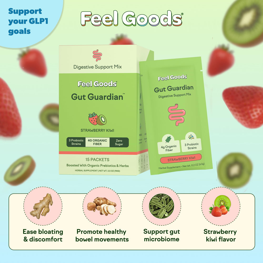 Feel Goods Gut Guardian strawberry kiwi stick pack ready to mix for quick gut comfort.