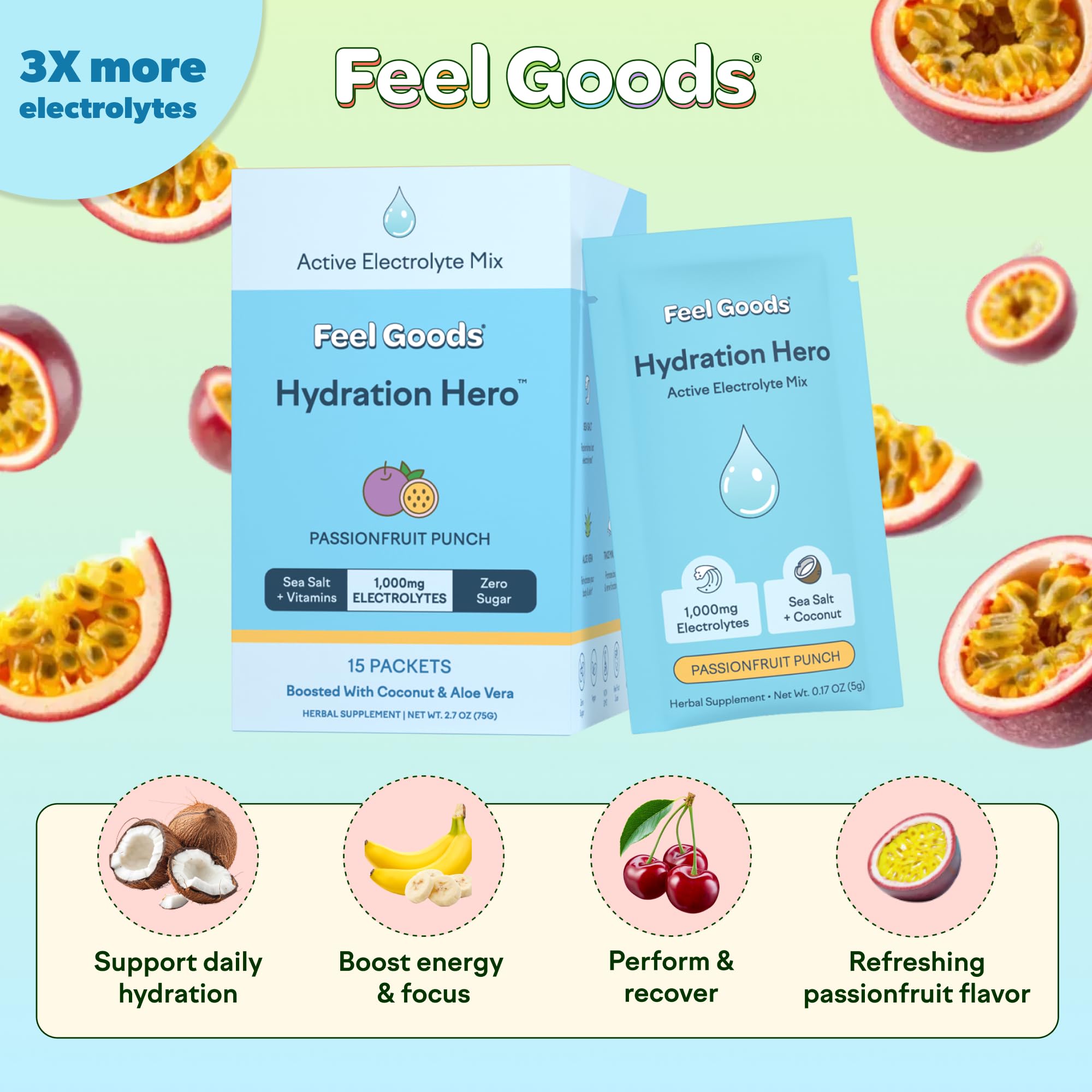 Feel Goods Hydration Hero bottle and mixer showing quick hydration with water.
