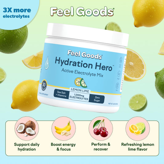 Feel Goods Hydration Hero glass with lemon-lime powder ready to mix for fast rehydration
