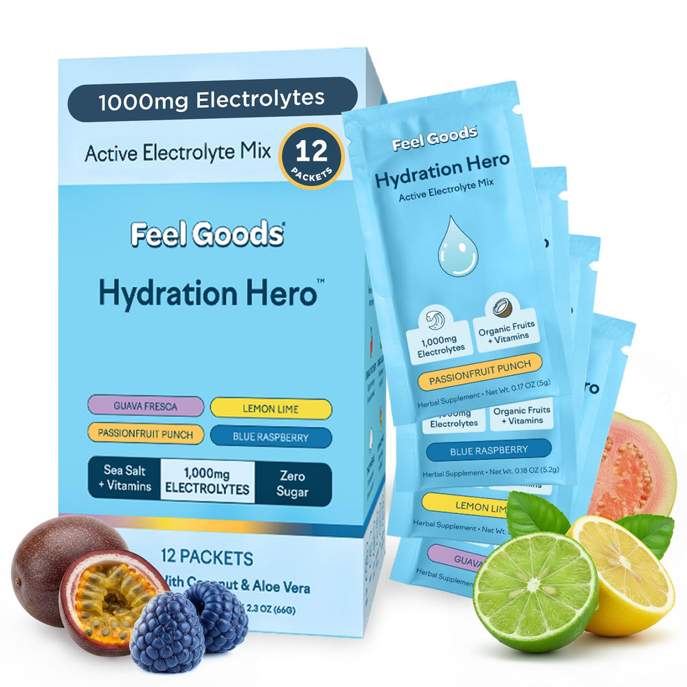 Feel Goods Hydration Hero lemon-lime packet for on-the-go hydration and energy