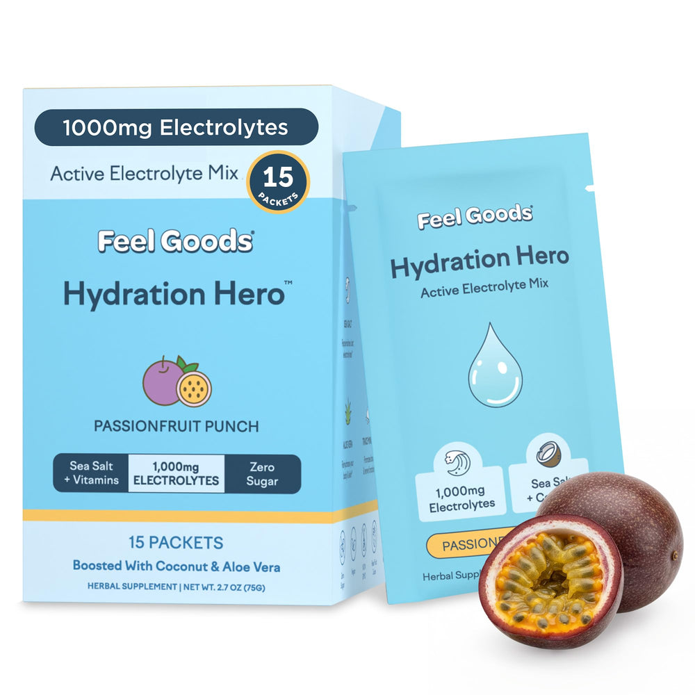 Feel Goods Hydration Hero passionfruit packet for on-the-go hydration and electrolyte replenishment.