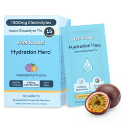 Feel Goods Hydration Hero passionfruit packet for on-the-go hydration and electrolyte replenishment.