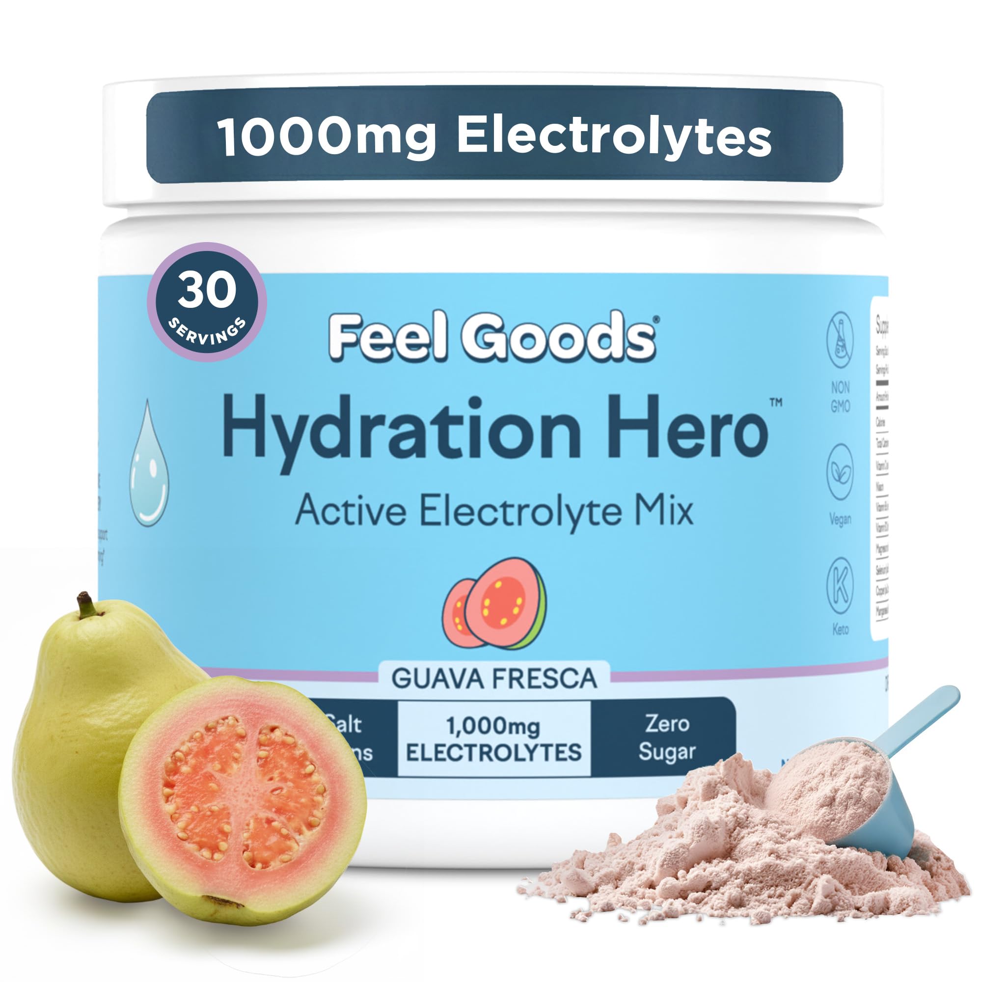 Feel Goods Hydration Hero tub of Guava Fresca powder supports daily hydration.