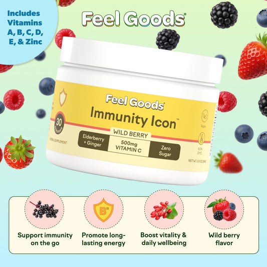 Feel Goods Immunity Icon 500mg vitamin C from acerola powder for daily energy and wellness.