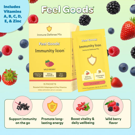 Feel Goods Immunity Icon stick packet collection showing individual servings.