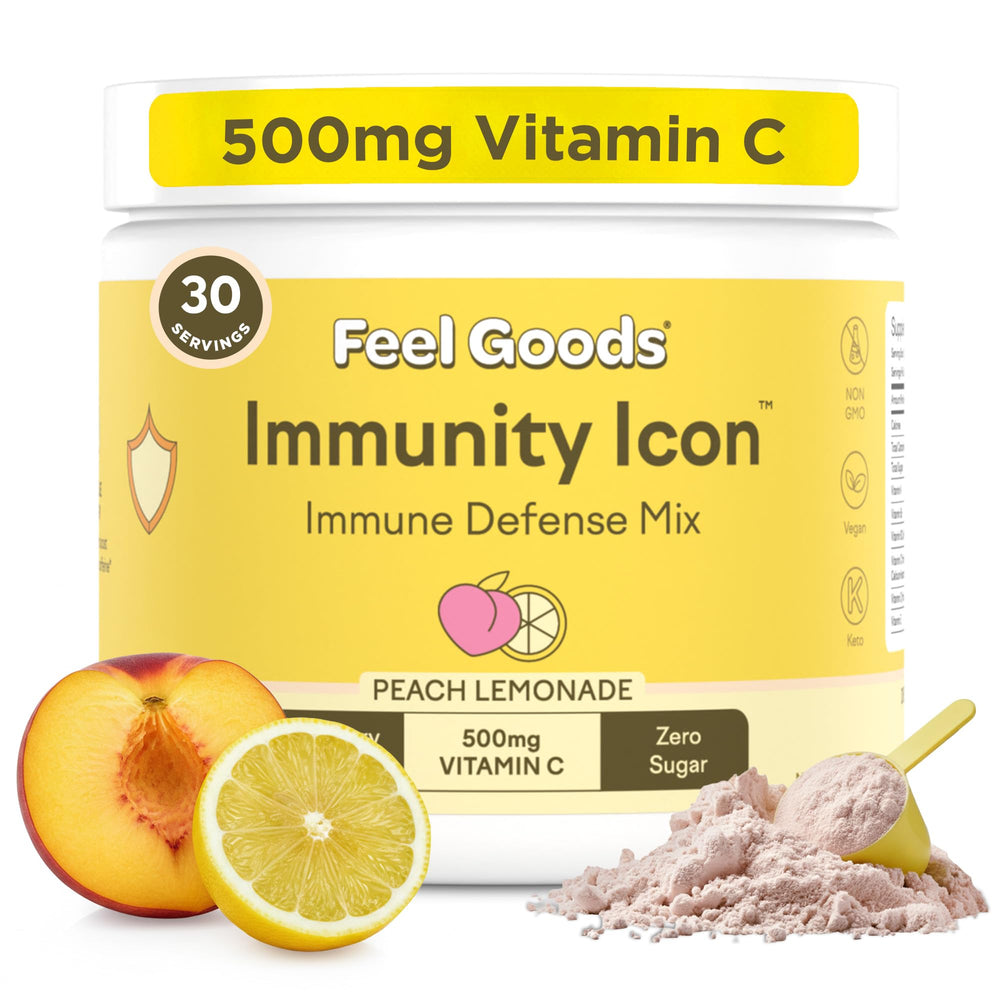 Feel Goods Immunity Icon peach lemonade packet ready for daily immune support
