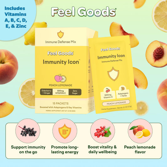 Feel Goods Immunity Icon bottle showing Vitamin C from Acerola and essential vitamins for daily vitality
