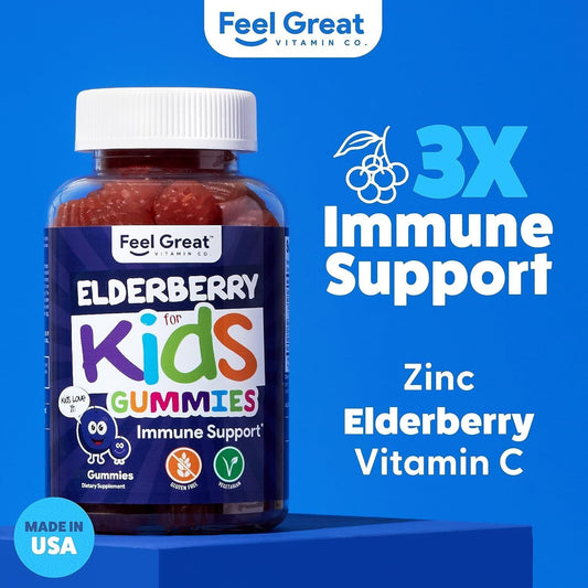 Feel Great 365 kids elderberry gummies 2-pack box for family convenience.