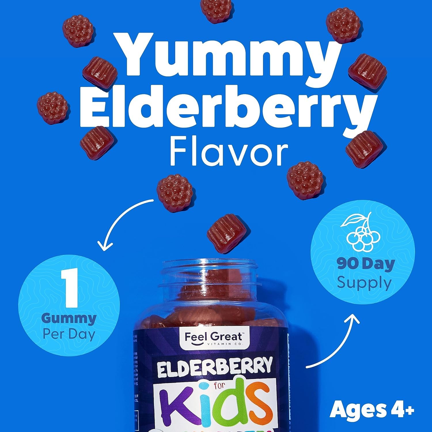 Feel Great 365 kids elderberry gummies texture close-up soft chewable.