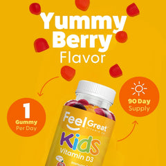 Feel Great D3 gummies label highlighting gluten-free and natural fruit sweetness.