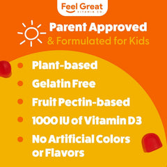 Two-pack packaging of Feel Great Kids D3 gummies for families.