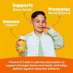 Back-to-school scene with kids and Feel Great D3 Gummies for immunity and mood.
