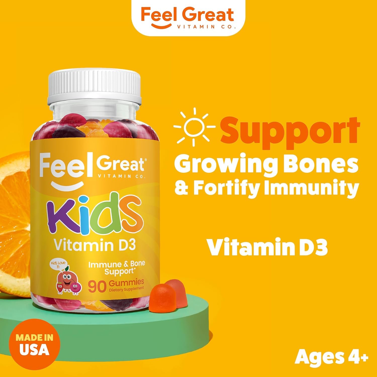 Close-up of orange Feel Great Kids D3 gummies showing chewy texture for easy daily intake.