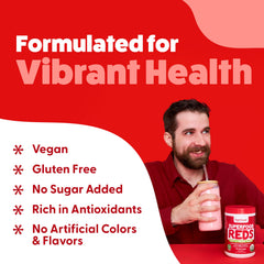 Ingredient list of Feel Great Reds powder highlights organic fruits and beets