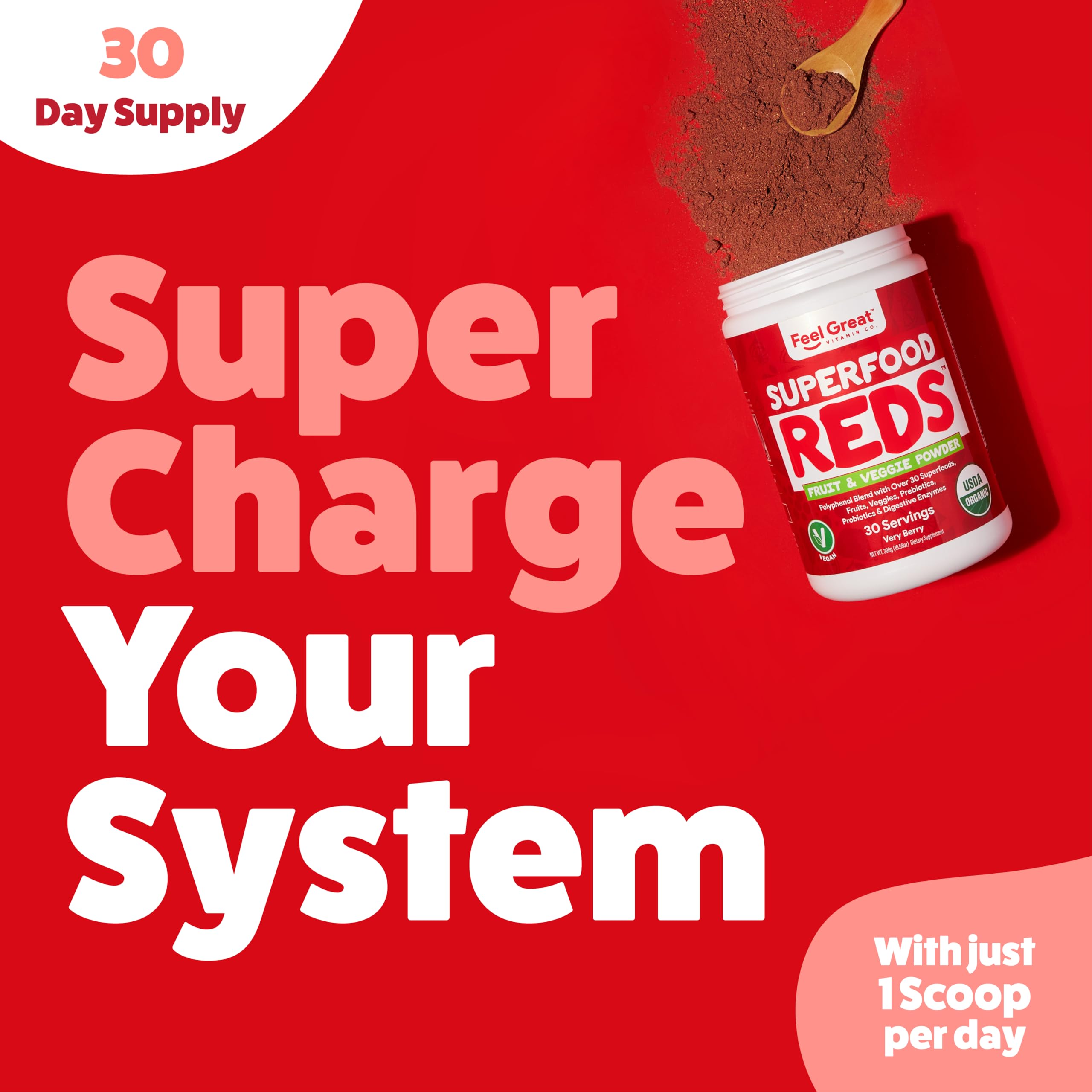 Feel Great Reds powder label focusing on clean organic ingredients