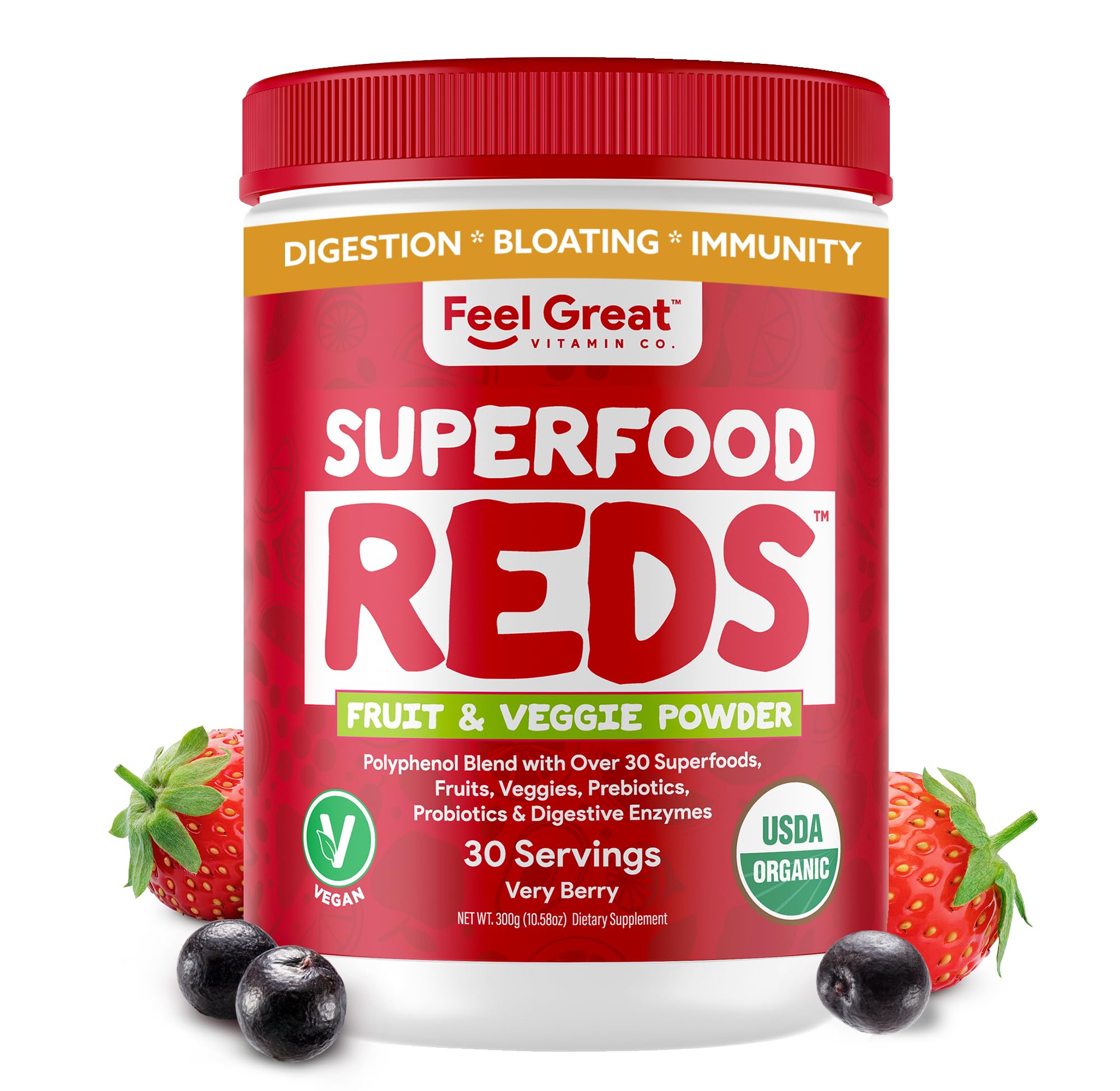 Feel Great Reds powder tub with organic beets for daily vitality