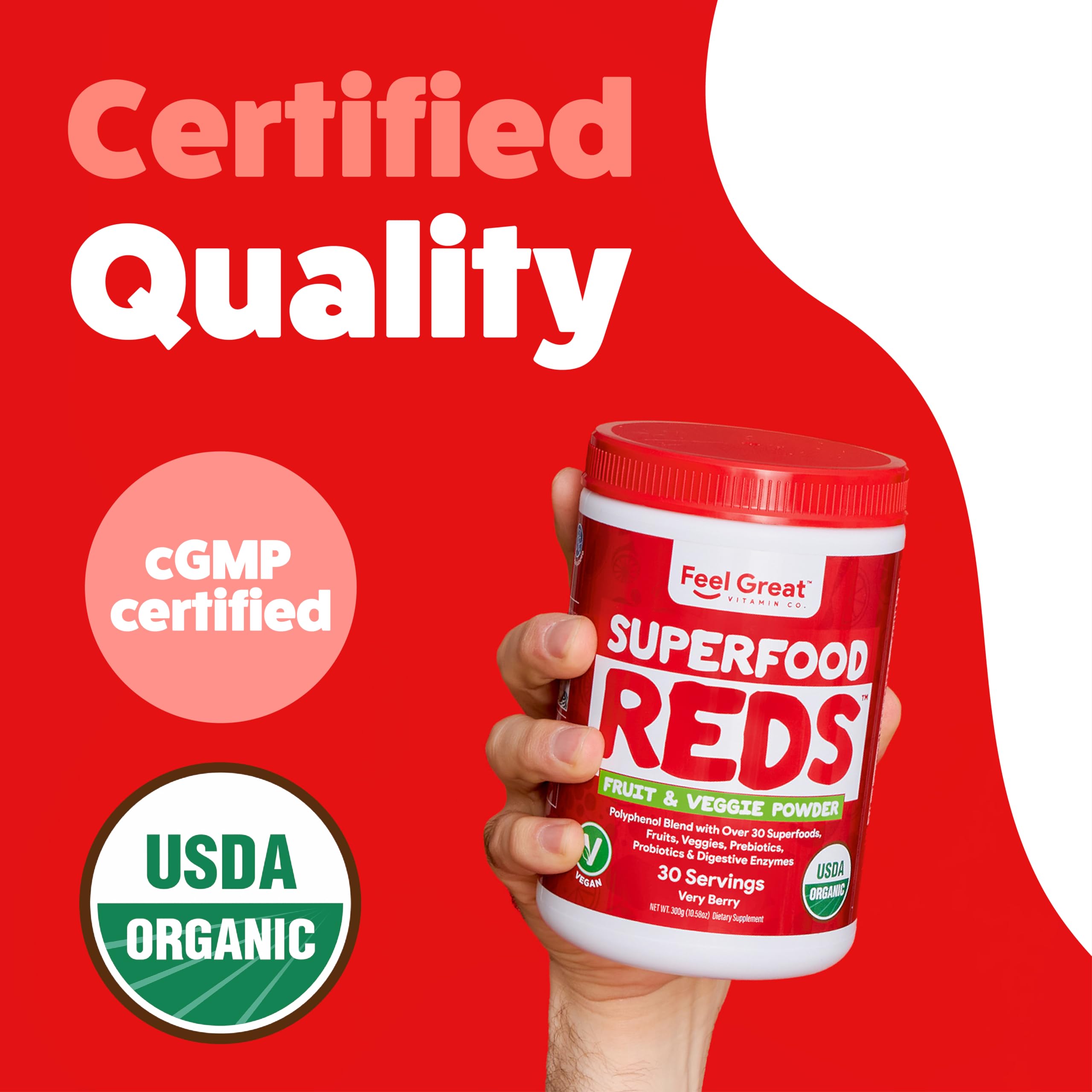 USDA Organic badge on Feel Great Reds powder label