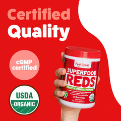 USDA Organic badge on Feel Great Reds powder label