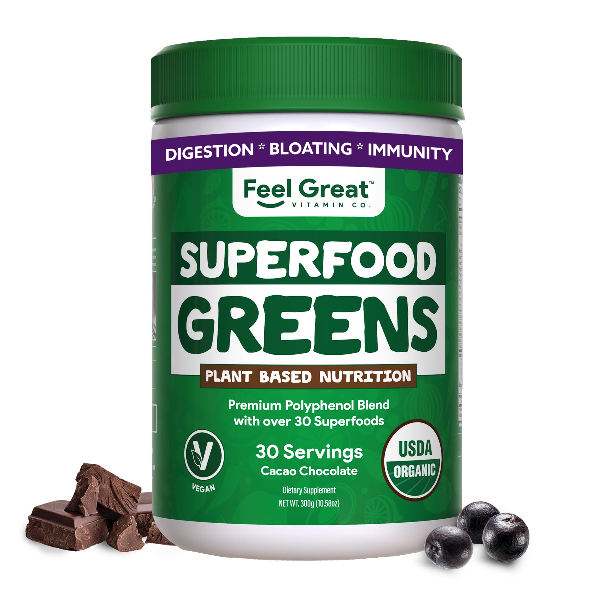 Feel Great Organic Greens powder cocoa chocolate pours into a glass for a quick nutrient boost