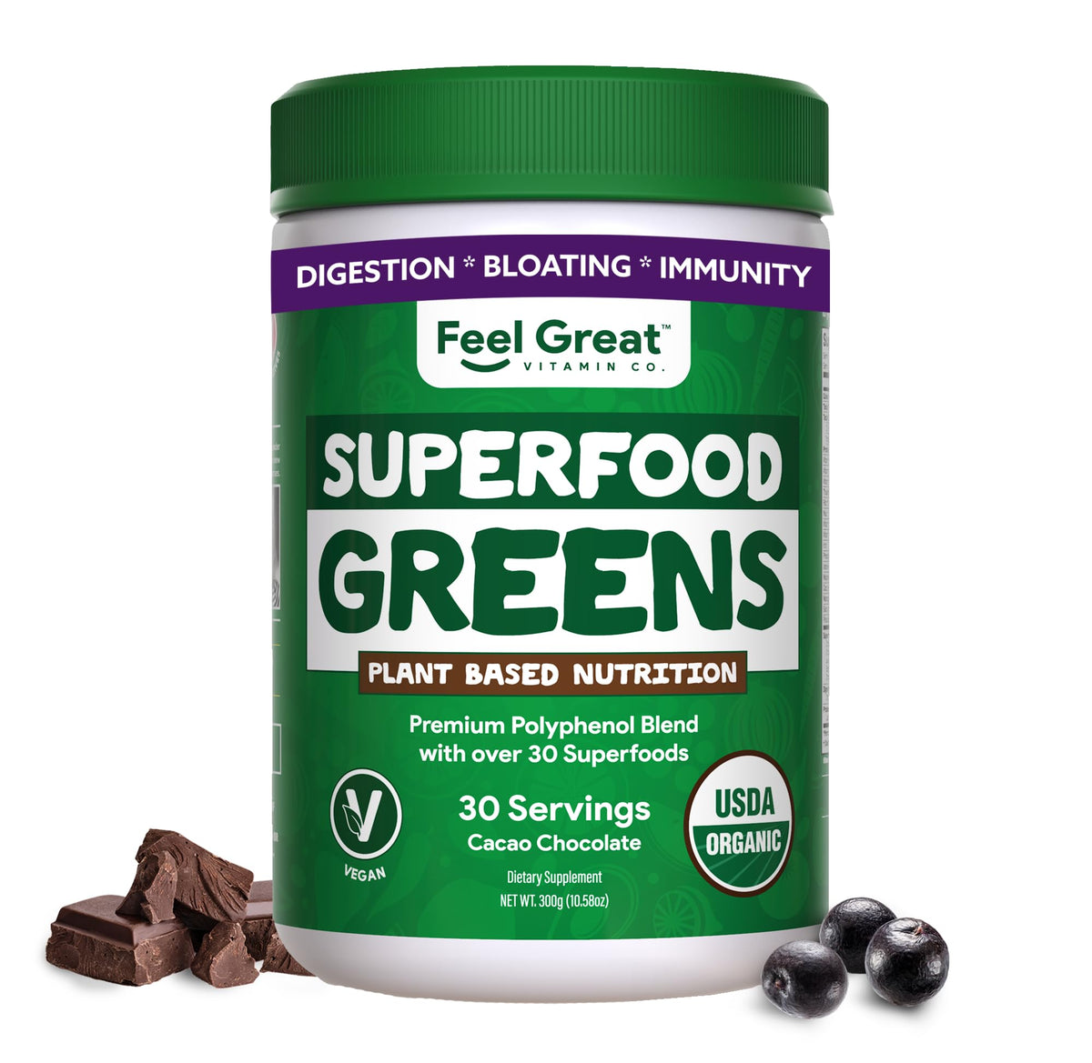 Feel Great Organic Greens powder cocoa chocolate pours into a glass for a quick nutrient boost