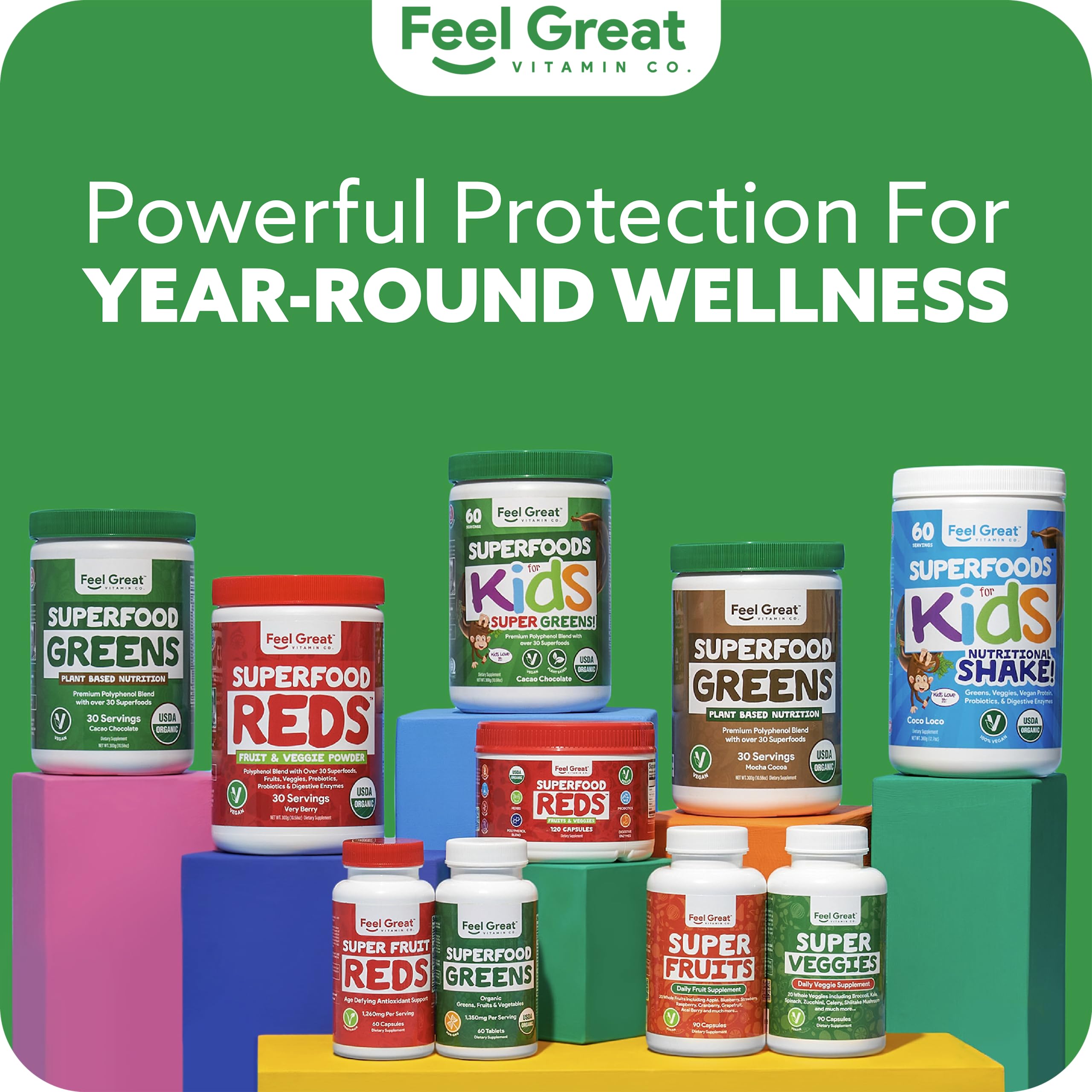 Feel Great Greens bottle highlights probiotic and digestive enzyme icons